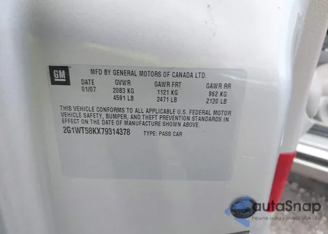 2007 Chevrolet Impala Lt z USA, uszkodzony, nr VIN 2G1WT58KX79314378